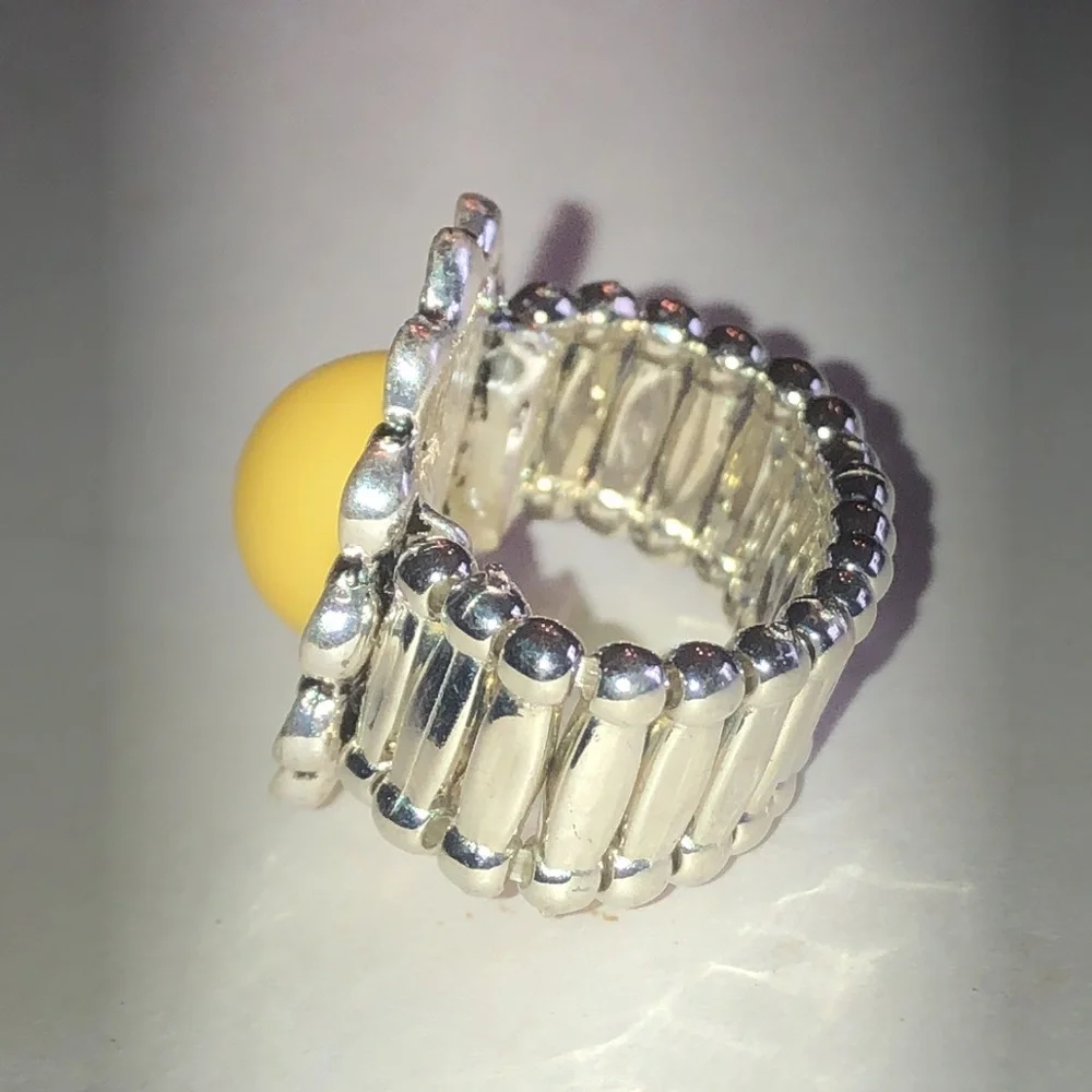 Yellow Cabochon Floral Silver Tone Boho Ring